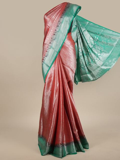 

Pothys Red, Silver-Toned & Green Ethnic Motifs Zari Jute Silk Saree