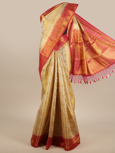 

Pothys Cream-Coloured, Gold-Toned & Red Ethnic Motifs Zari Jute Silk Saree