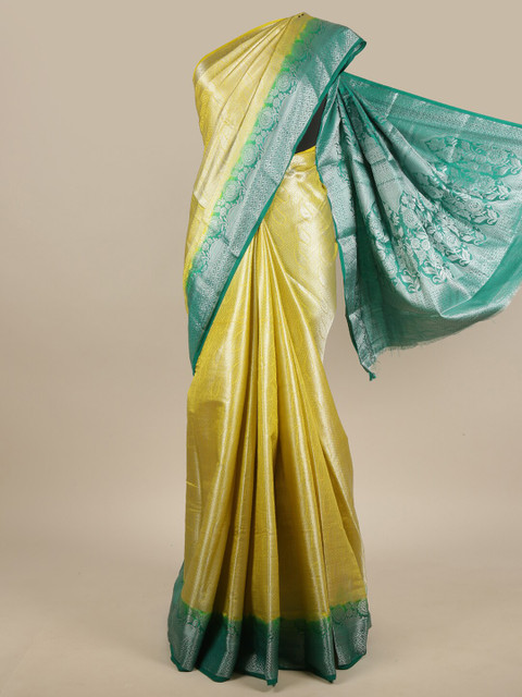 

Pothys Yellow, Silver-Toned & Green Ethnic Motifs Zari Jute Silk Saree