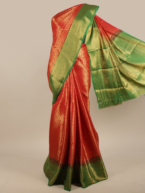 

Pothys Red & Green Ethnic Motifs Zari Jute Silk Saree