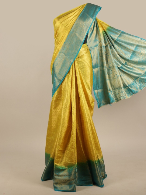 

Pothys Yellow & Turquoise Blue Ethnic Motifs Zari Jute Silk Saree