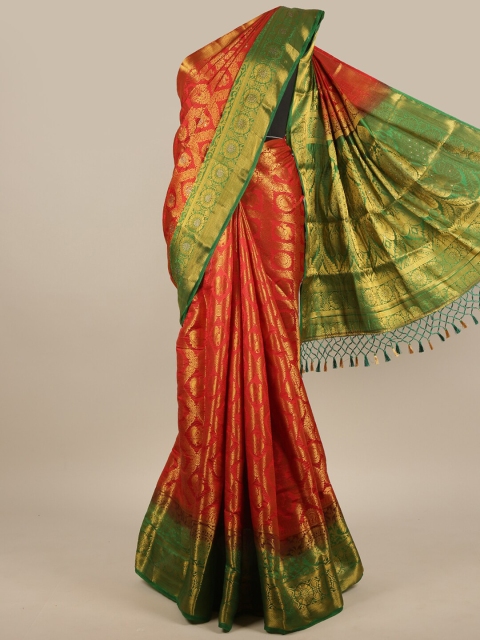 

Pothys Red & Green Ethnic Motifs Zari Jute Silk Saree