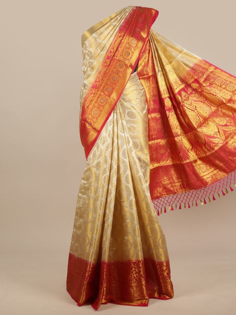

Pothys Cream-Coloured & Pink Woven Design Jute Silk Saree
