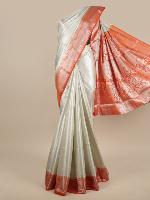 

Pothys Cream-Coloured & Orange Woven Design Jute Silk Saree