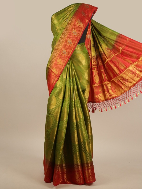 

Pothys Green & Red Ethnic Motifs Beads and Stones Jute Silk Saree