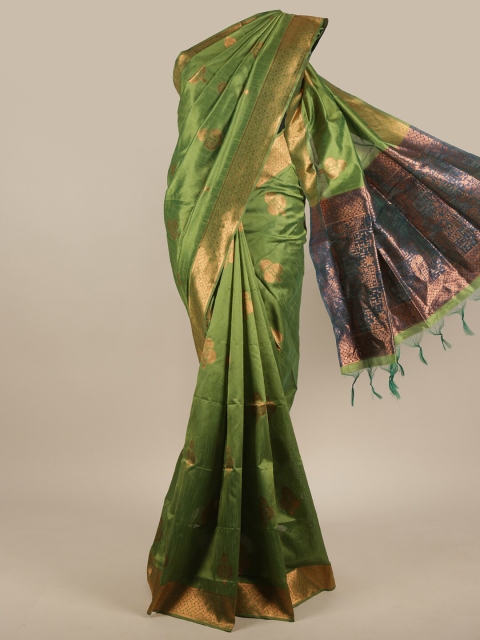 

Pothys Green & Gold-Toned Ethnic Motifs Zari Jute Silk Heavy Work Saree