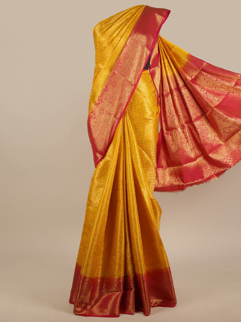 

Pothys Mustard & Pink Ethnic Motifs Zari Jute Silk Saree