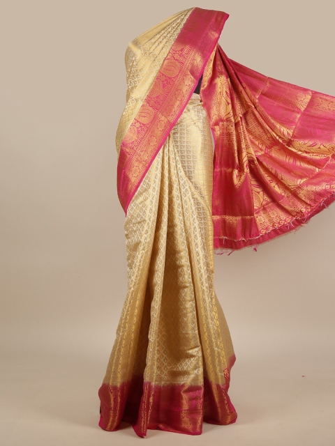 

Pothys Cream-Coloured & Pink Ethnic Motifs Zari Jute Silk Saree
