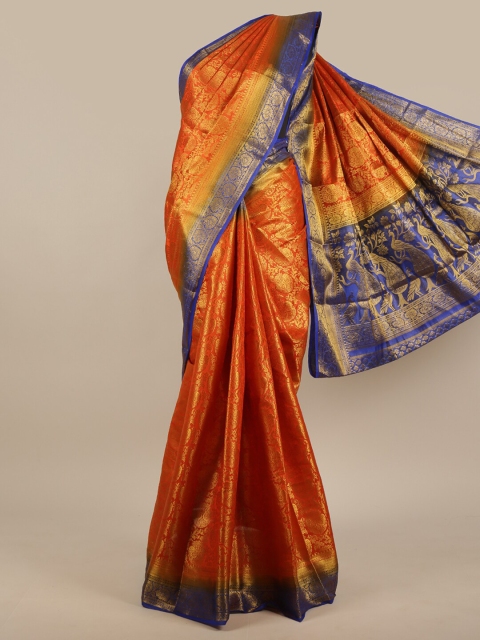 

Pothys Orange & Blue Ethnic Motifs Zari Jute Silk Saree