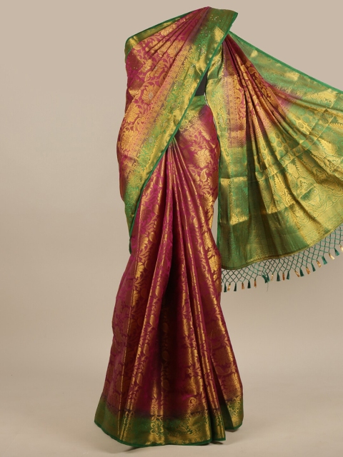 

Pothys Magenta & Green Ethnic Motifs Beads and Stones Jute Silk Saree