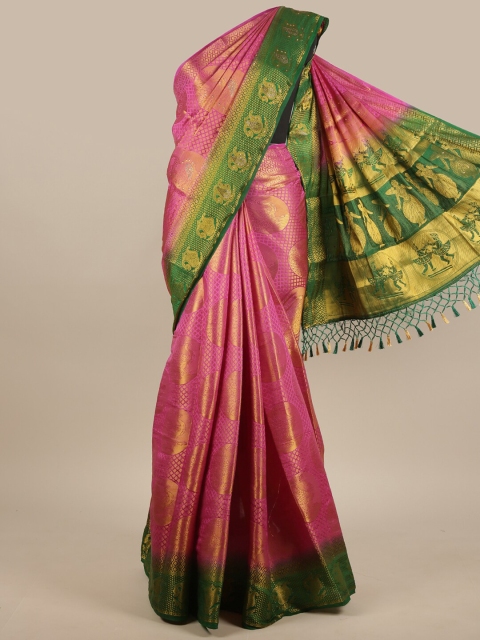 

Pothys Pink & Green Ethnic Motifs Beads and Stones Jute Silk Saree