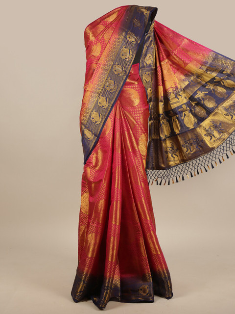 

Pothys Pink & Navy Blue Ethnic Motifs Zari Jute Silk Saree