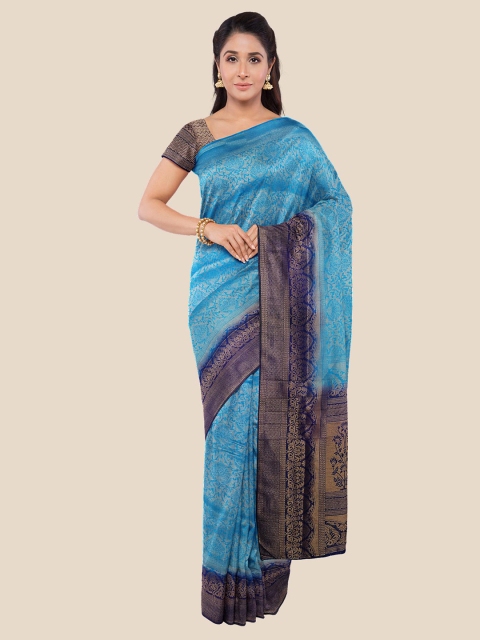 

KLM Fashion Mall Blue & Gold-Toned Floral Zari Silk Blend Saree
