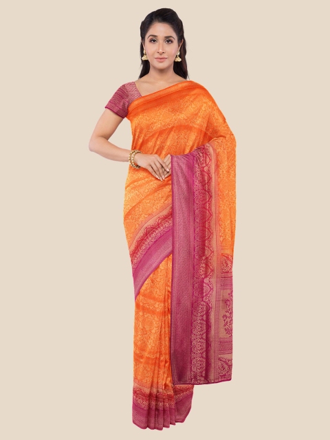 

KLM Fashion Mall Orange & Magenta Floral Zari Silk Blend Saree