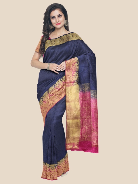 

KLM Fashion Mall Navy Blue & Fuchsia Floral Zari Banarasi Saree