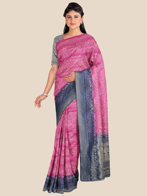 

KLM Fashion Mall Pink & Blue Floral Zari Silk Blend Saree