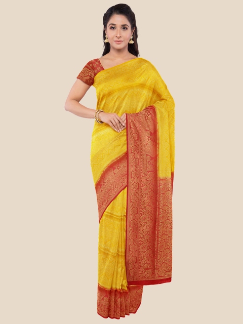 

KLM Fashion Mall Mustard & Red Ethnic Motifs Zari Silk Blend Banarasi Saree