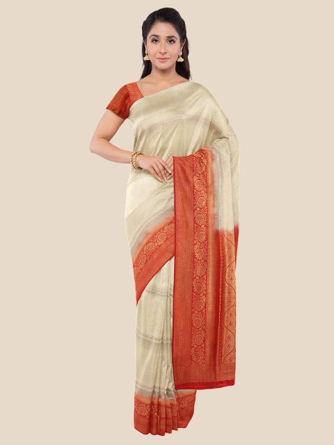 

KLM Fashion Mall Cream-Coloured, Gold -Toned & Red Ethnic Motifs Silk Blend Banarasi Saree