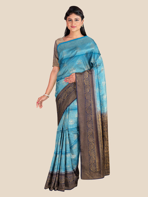 

KLM Fashion Mall Blue & Gold Toned Ethnic Motifs Woven Design Silk Blend Banarasi Saree
