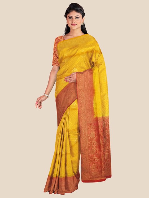 

KLM Fashion Mall Yellow & Red Ethnic Motifs Silk Blend Banarasi Saree