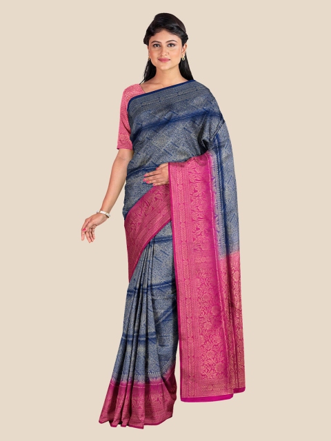 

KLM Fashion Mall Navy Blue & Fuchsia Floral Woven Design Silk Blend Banarasi Saree