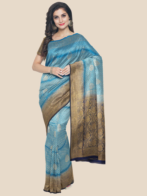 

KLM Fashion Mall Blue & Gold-Toned Floral Zari Silk Blend Banarasi Saree
