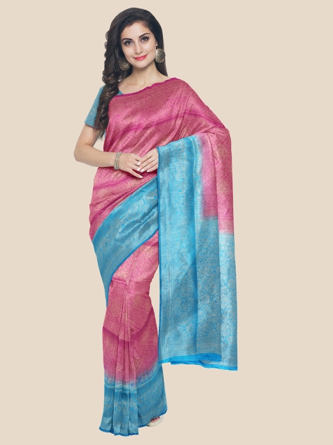 

KLM Fashion Mall Pink & Blue Woven Design Zari Silk Blend Banarasi Saree