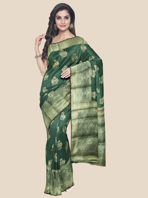 

KLM Fashion Mall Green & Gold-Toned Ethnic Motifs Zari Silk Blend Saree