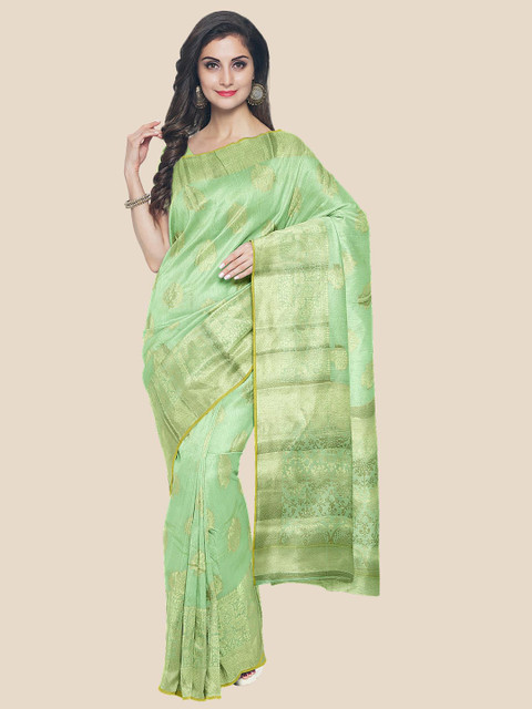 

KLM Fashion Mall Green & Gold-Toned Floral Woven Design Silk Blend Saree