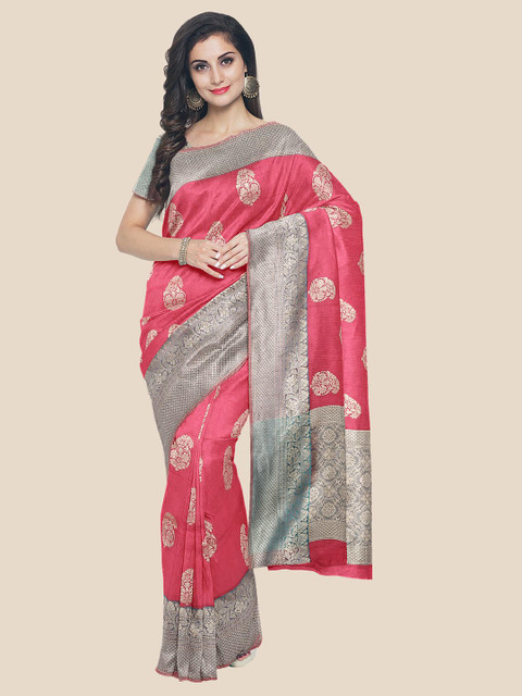 

KLM Fashion Mall Pink & Silver-Toned Floral Zari Silk Blend Banarasi Saree