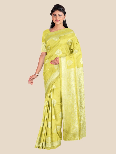 

KLM Fashion Mall Yellow & Gold-Toned Ethnic Motifs Zari Pure Linen Banarasi Saree