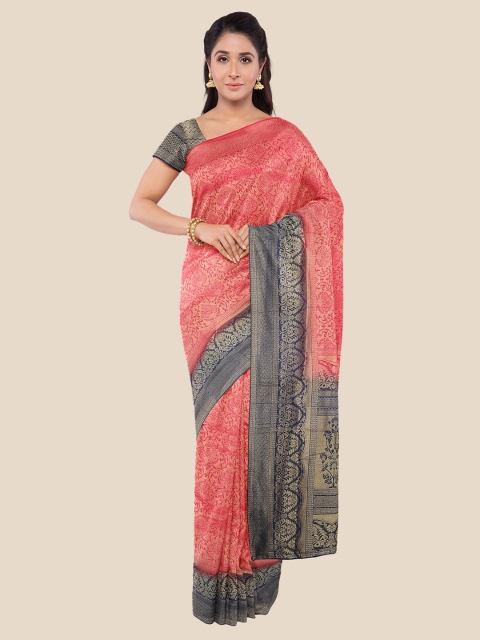 

KLM Fashion Mall Pink & Navy Blue Floral Woven Design Silk Blend Saree