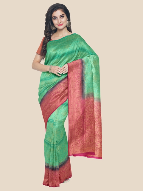 

KLM Fashion Mall Green & Magenta Woven Design Zari Silk Blend Saree