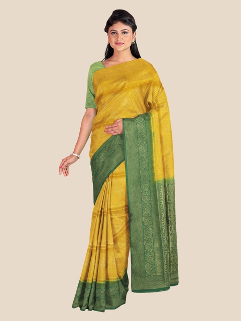 

KLM Fashion Mall Yellow & Green Woven Design Zari Silk Blend Banarasi Saree