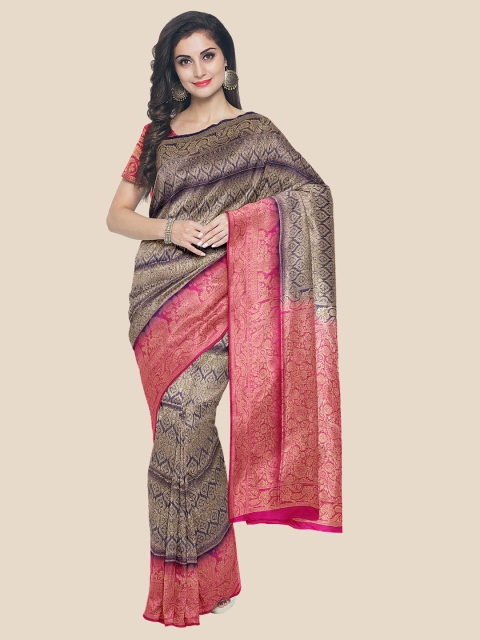 

KLM Fashion Mall Navy Blue & Magenta Floral Zari Silk Blend Banarasi Saree