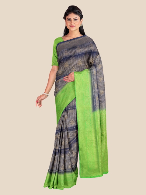 

KLM Fashion Mall Navy Blue & Green Gold Toned Ethnic Motifs Silk Blend Banarasi Saree