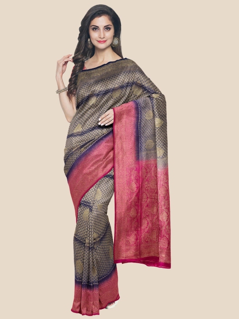 

KLM Fashion Mall Navy Blue & Pink Woven Design Zari Silk Blend Saree