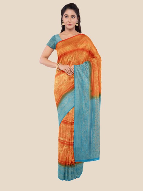 

KLM Fashion Mall Orange & Turquoise Blue Ethnic Motifs Silk Blend Banarasi Saree