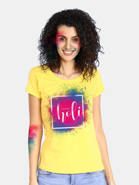 

BonOrganik Women Yellow Happy Holi Printed T-shirt
