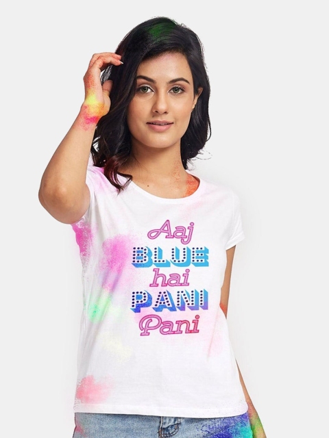 

BonOrganik Women White Typography Printed V-Neck Applique T-shirt