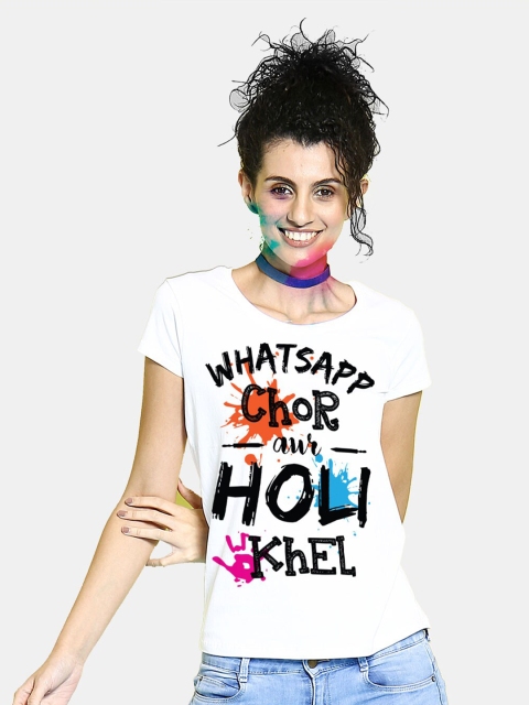 

BonOrganik Women White V-Neck Applique T-shirt