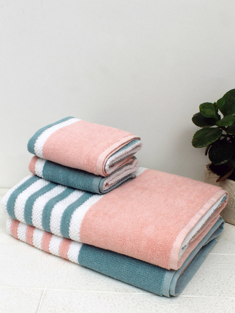 

AVI Living Blue & Pink Set of 4 500 GSM Pure Cotton Striped Towel Set