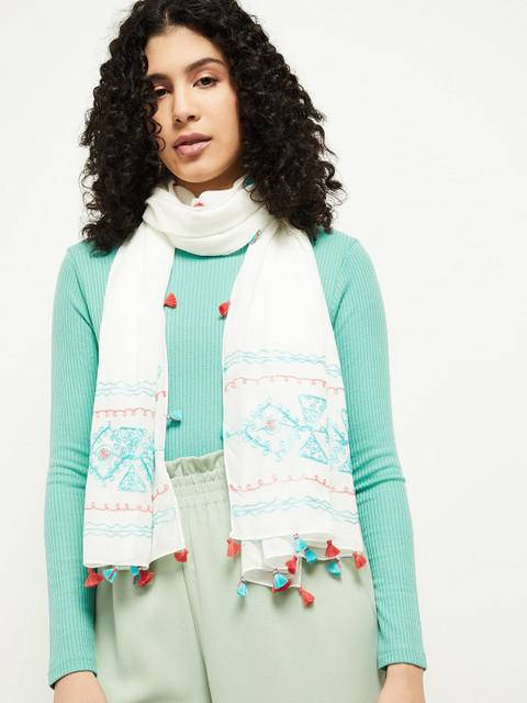 

max Women White, Pink & Blue Embroidered Tasselled Scarf