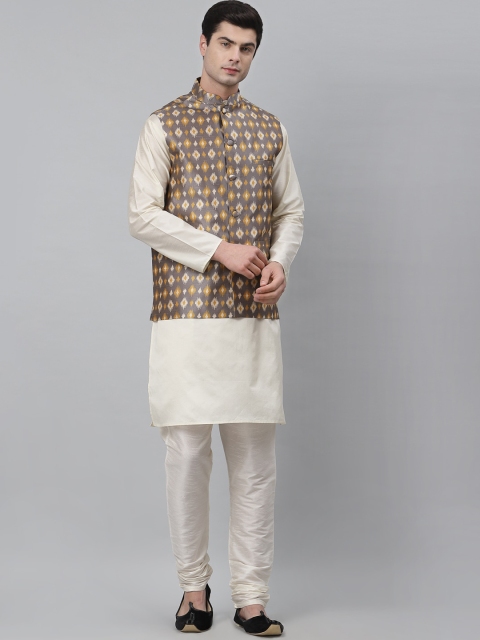 

NEUDIS Men Grey & White Printed Dupion Silk Kurta with Churidar & Nehru Jacket