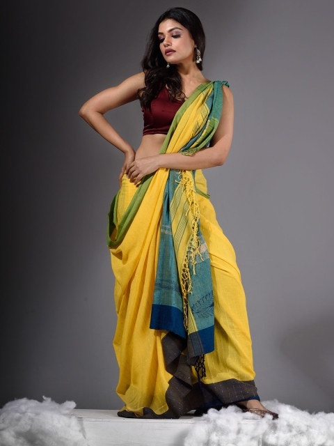 

Charukriti Yellow & Blue Woven Design Pure Cotton Khadi Saree