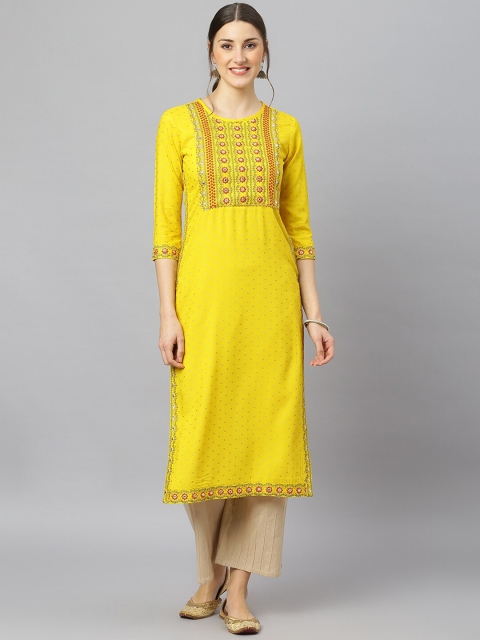 

FASHION DEPTH Women Yellow Ethnic Motifs Yoke Design Mirror Work Kurta