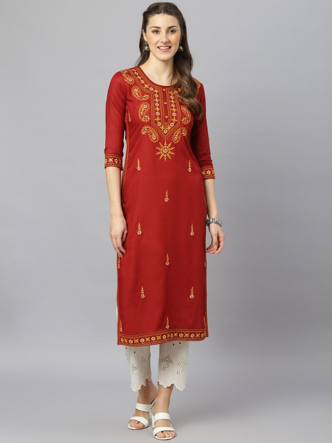 

FASHION DEPTH Women Maroon Ethnic Motifs Embroidered Kurta