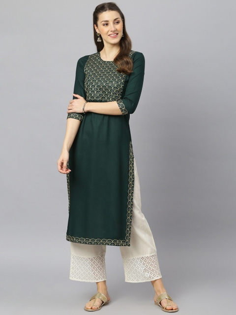 

FASHION DEPTH Women Green Geometric Yoke Design Thread Work Kurta