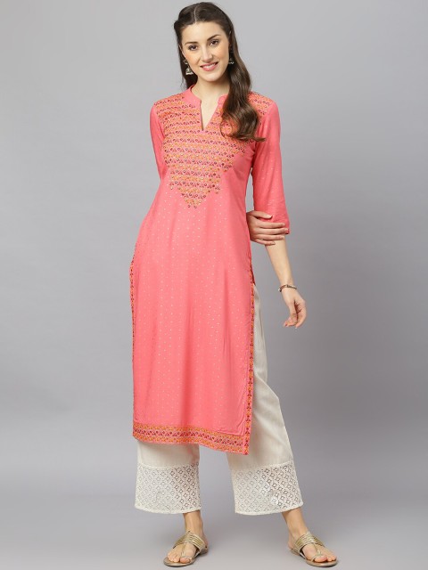

FASHION DEPTH Women Pink Ethnic Motifs Yoke Design Thread Work Kurta