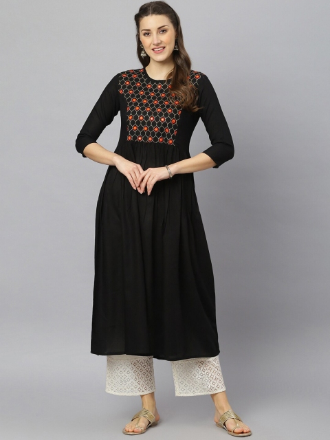 

FASHION DEPTH Women Black Yoke Design Mirror Work Kurta